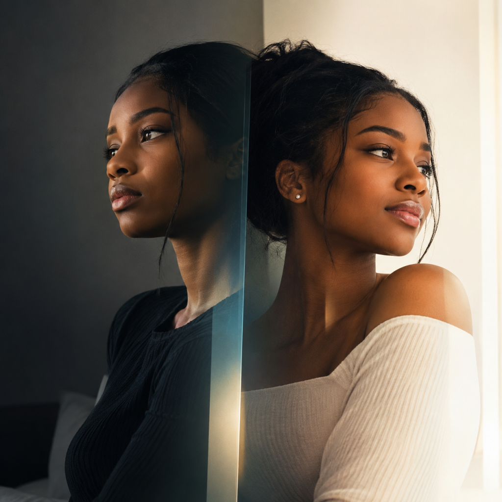 Split image of a young lady. Left frame depict her as sad, right frame depicts her as happy.
